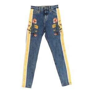 Topshop Women Pants Jean Moto Jamie Floral Patched W 25  L 30 Denim Stripe